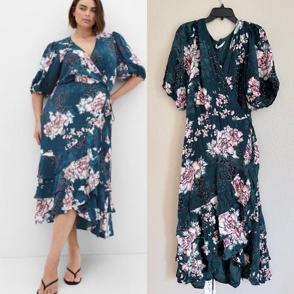 City Chic Plus Size Teal & Pink Floral Bea Wrap Midi Dress